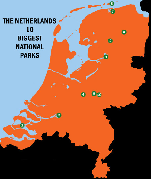 map of 10 biggest national parks in the Netherlands
