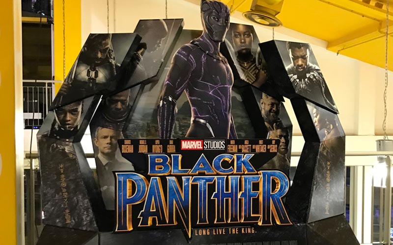 Black Panther film promotion display in Dutch cinema in Netherlands