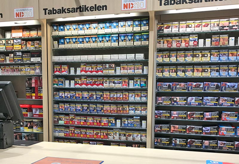 cigarettes on display in supermarket in Netherlands