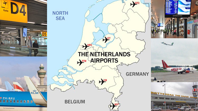 airports in the Netherlands - map showing Netherlands airports plus images Schiphol and Rotterdam-The Hague airports